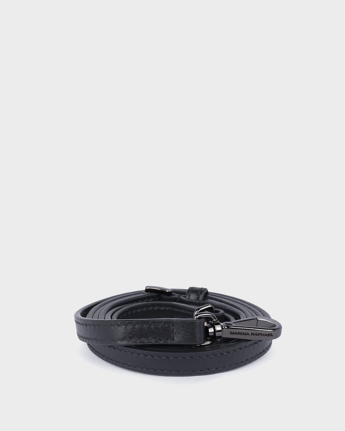 Thin, adjustable, black leather strap with gunmetal hardware