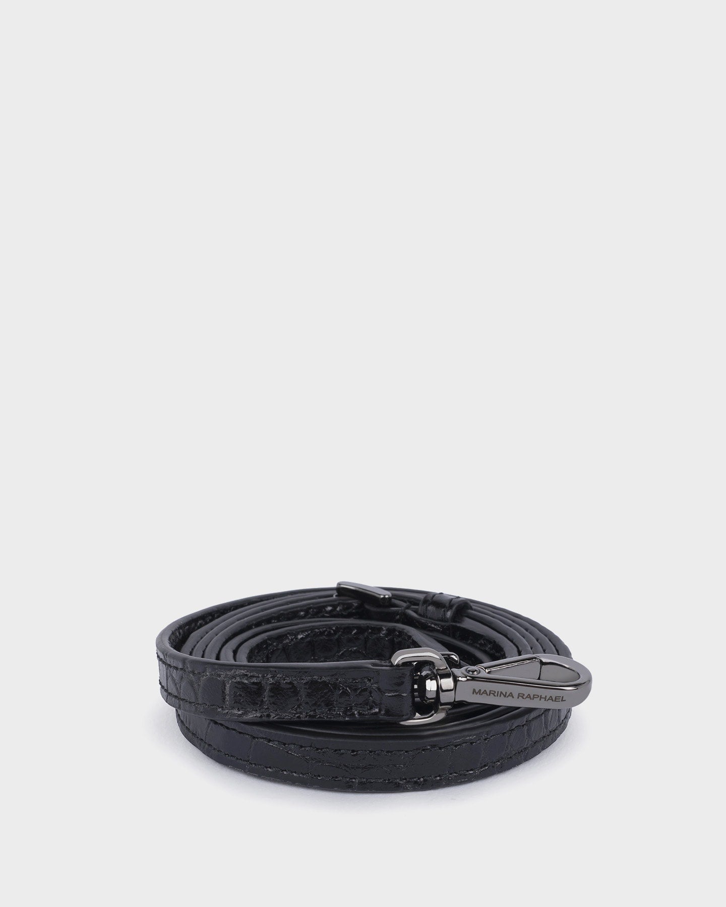 Thin, adjustable, black croc-effect strap with gunmetal hardware