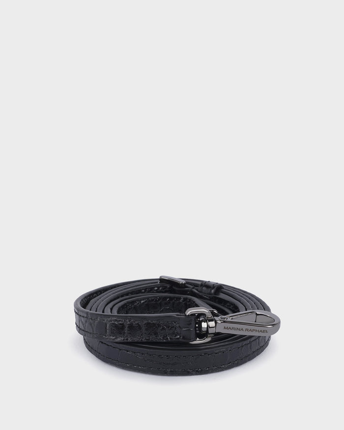 Thin, adjustable, black croc-effect strap with gunmetal hardware