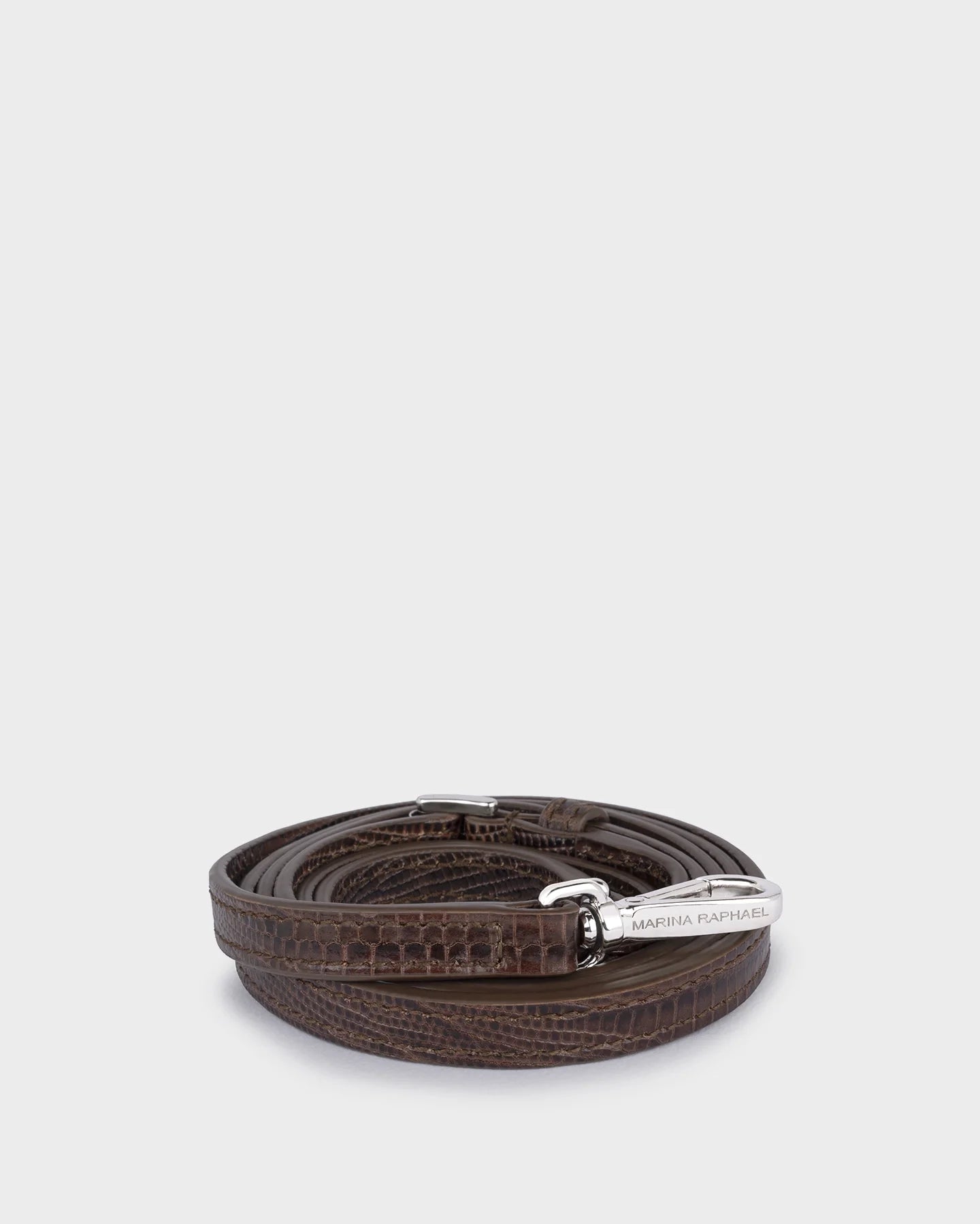 Thin, adjustable, brown lizard-effect leather strap with silver hardware