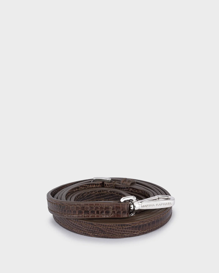Thin, adjustable, brown lizard-effect leather strap with silver hardware