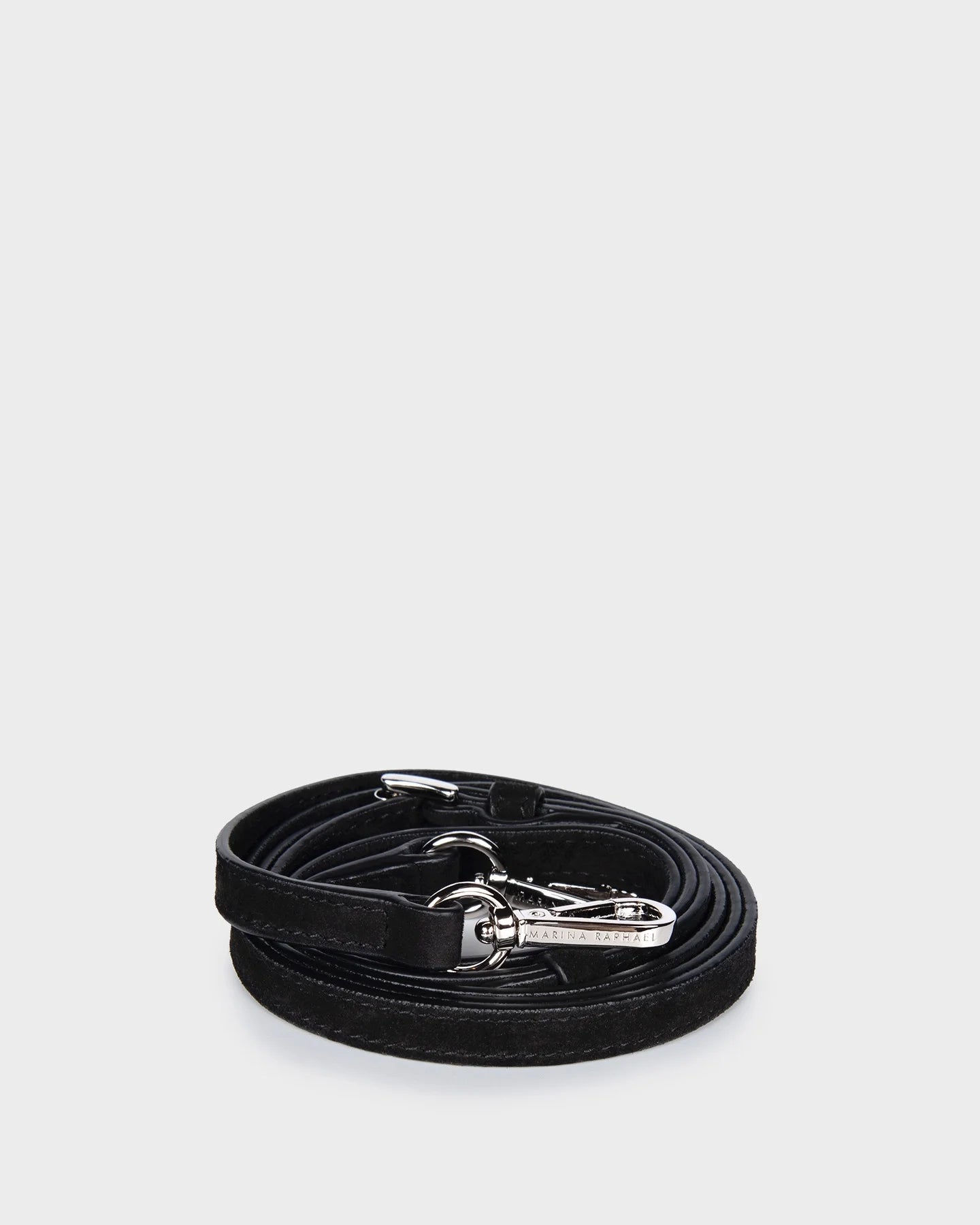 Thin, adjustable, black, suede napa leather strap with silver hardware