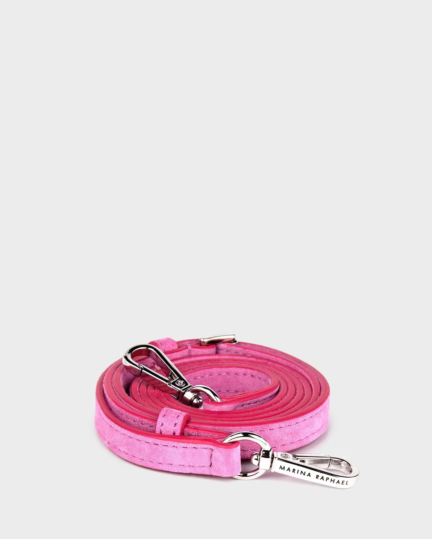 Thin, adjustable, pink, suede leather strap with silver hardware