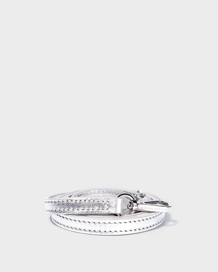 Thin, adjustable, silver, napa leather strap with silver hardware