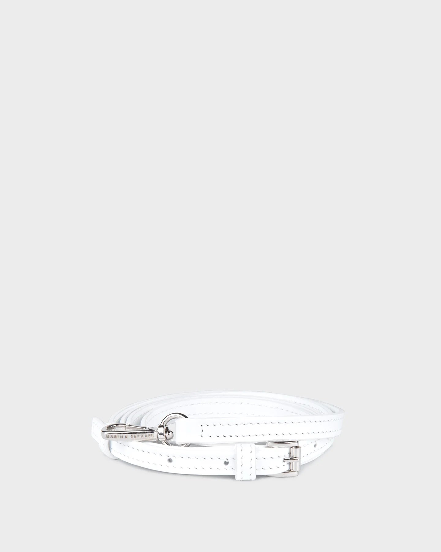 Thin, adjustable, white, napa leather strap with silver hardware