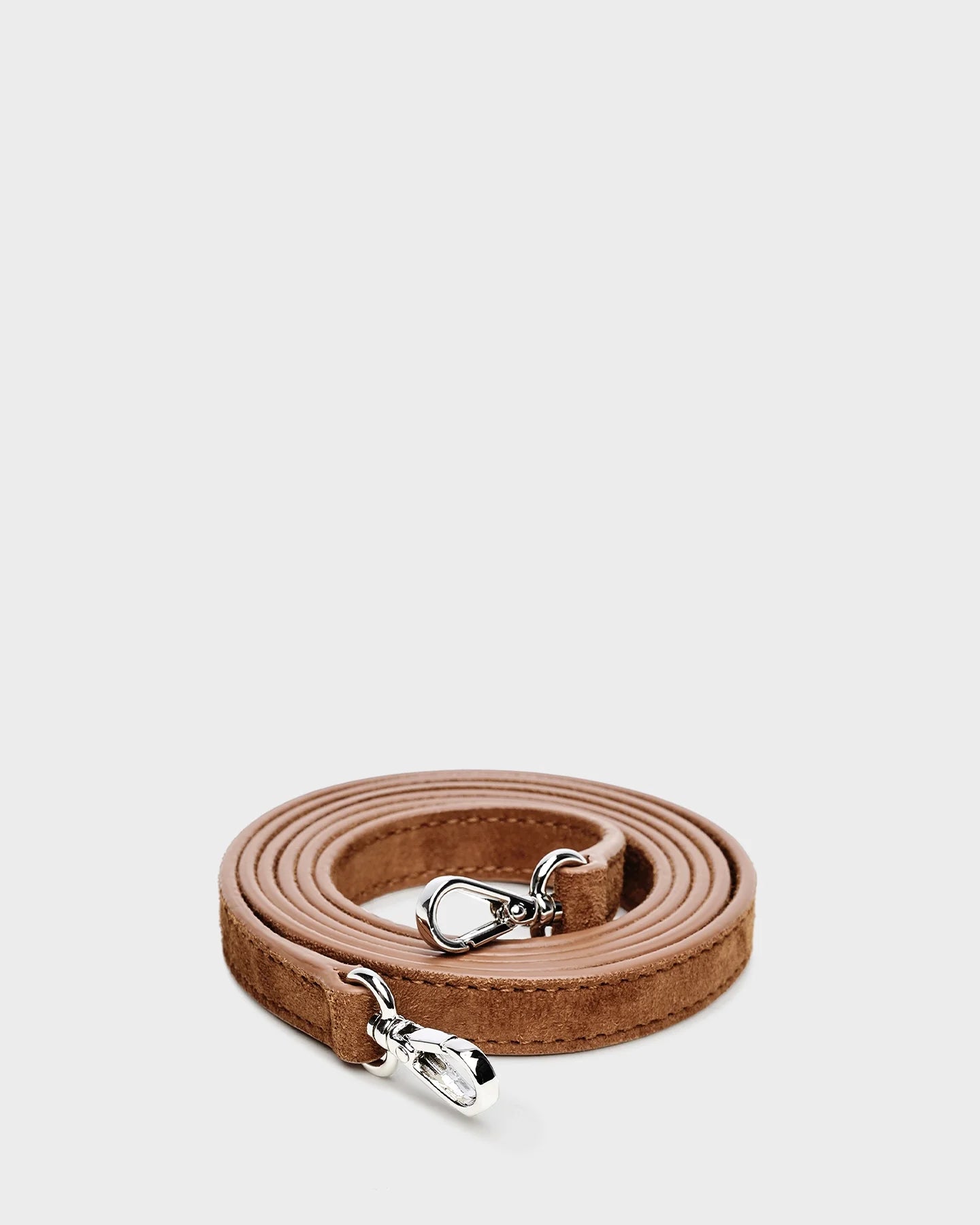 Thick, caramel, suede leather strap with silver hardware