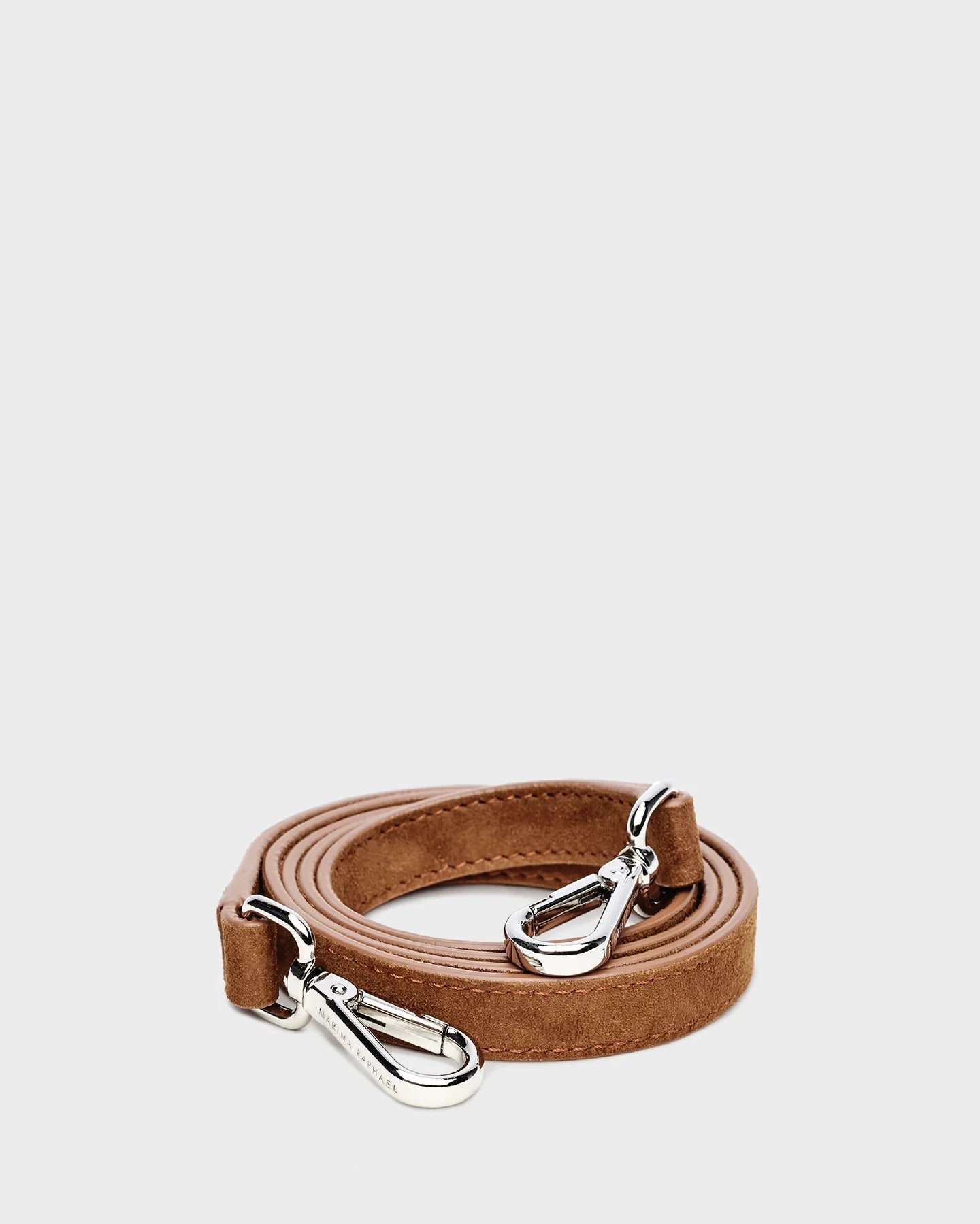 Thick, caramel, suede leather strap with silver hardware