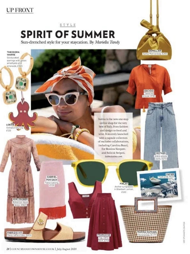 Page from the July/August 2020 issue of Country and Town House magazine featuring: the Marina Raphael Riviera Handbag in Terracotta Woven Leather