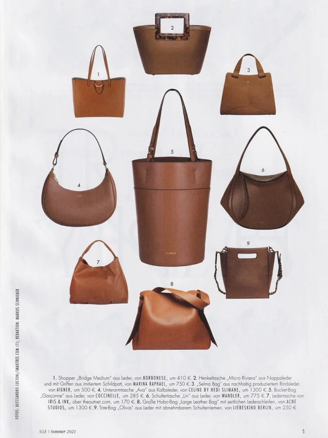 Page from the Summer 2021 issue of ELLE Accessories Germany magazine featuring: the Marina Raphael Micro Riviera in Caramel Leather and Tortoiseshell Handbag