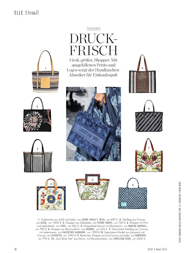 Page from the June 2021 issue of ELLE Germany magazine featuring: the Marina Raphael Micro Riviera in Green Tropical Print Leather Handbag