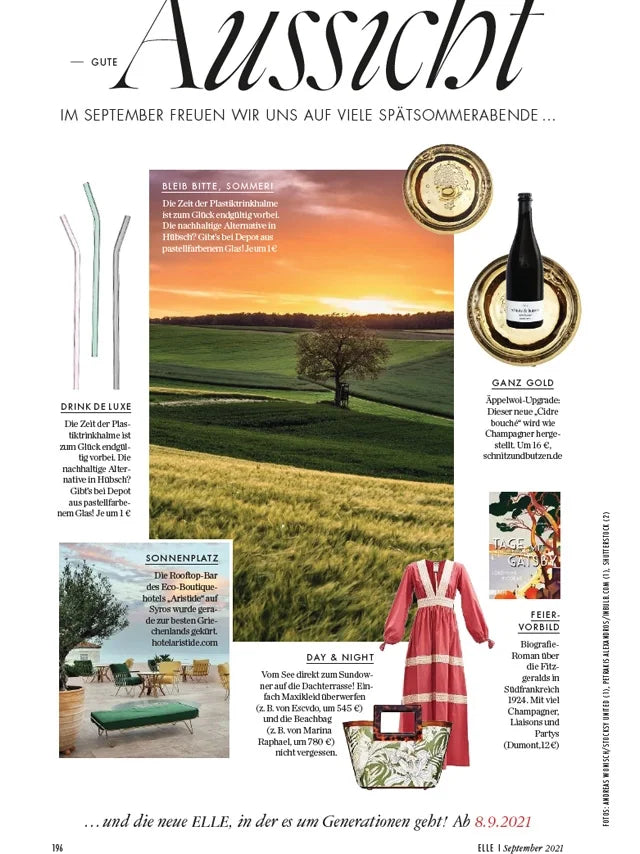 Page from the September 2021 issue of ELLE Germany magazine featuring: the Marina Raphael Micro Riviera in Green Tropical Leather Handbag