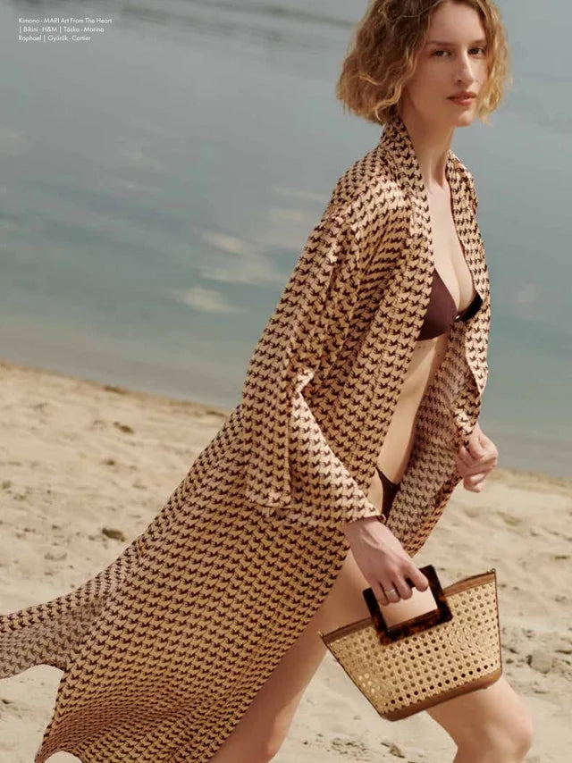 Page from the July 2023 issue of ELLE Hungary magazine featuring: the Marina Raphael Micro Riviera in Wicker and Tortoiseshell Handbag