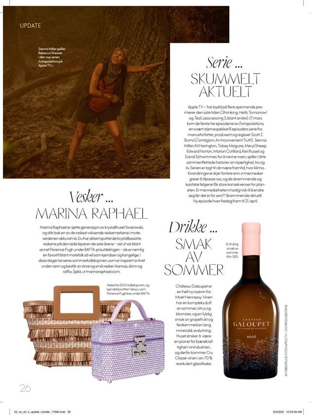 Page from the April 2023 issue of ELLE Norway magazine featuring: the Marina Raphael Micro Riviera in Fringe Raffia and Venyx in Iridescent Crystal Handbag