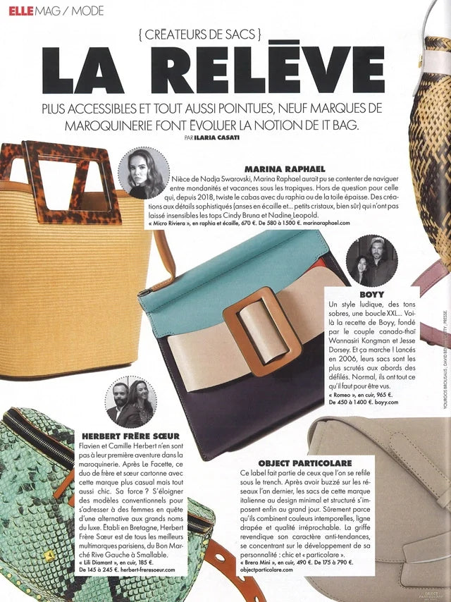 Page from the March 2020 issue of ELLE France magazine featuring: the Marina Raphael Riviera in Raffia and Tortoiseshell