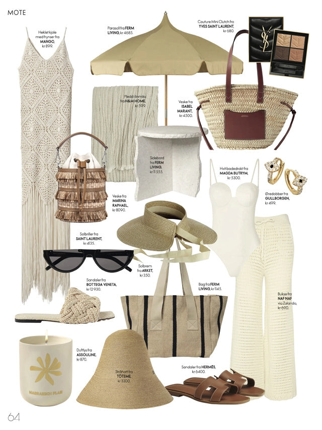 Page from the July/August 2023 issue of Elle Norway magazine featuring: the Marina Raphael Micro Carina in Fringe Raffia Handbag