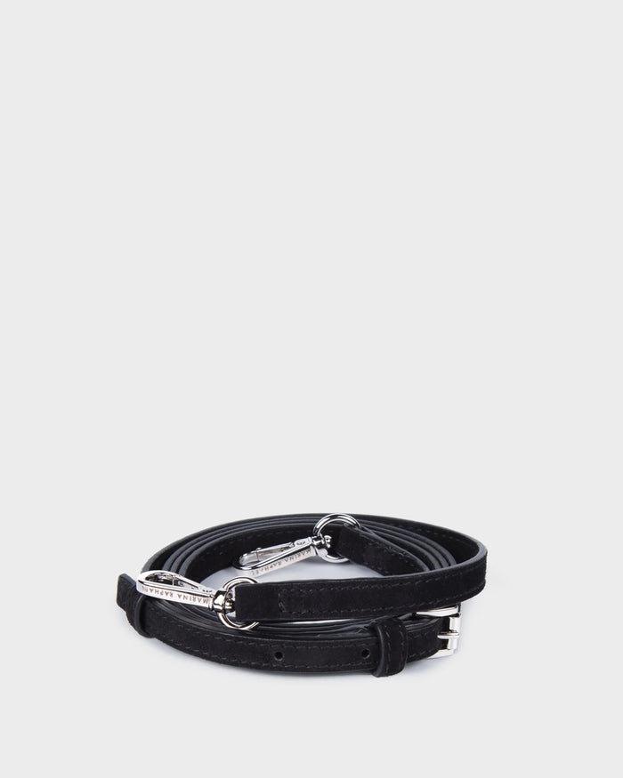 Thin, adjustable, black, suede leather strap with silver hardware