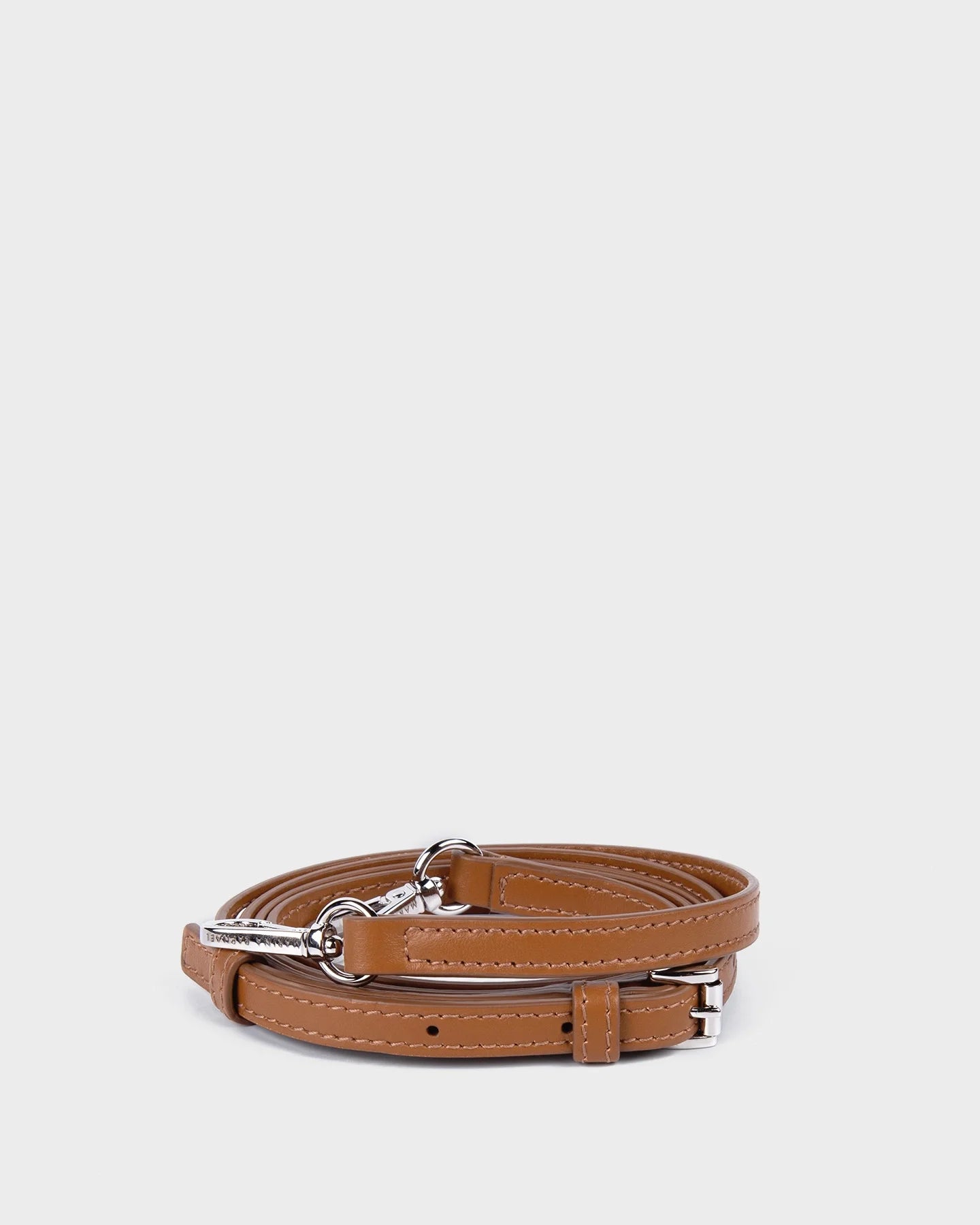 Thin, adjustable, caramel, napa leather strap with silver hardware