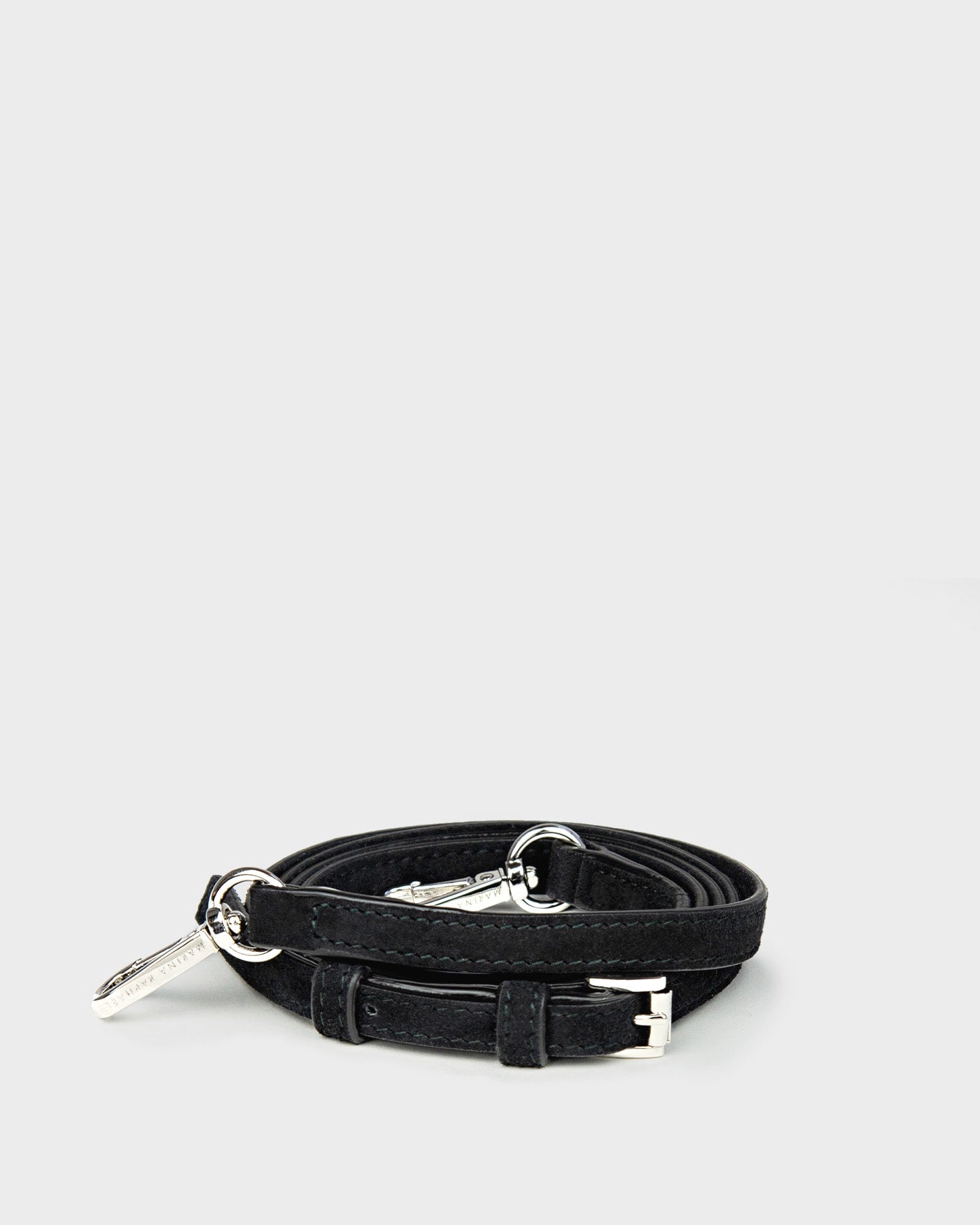 Thin, adjustable, black, suede leather strap with silver hardware