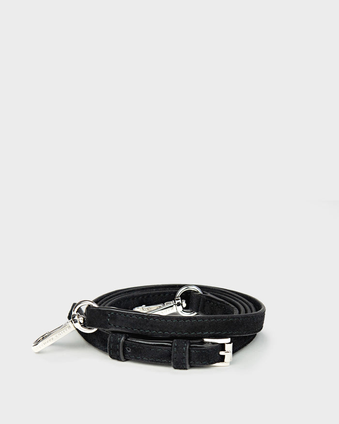 Thin, adjustable, black, suede leather strap with silver hardware