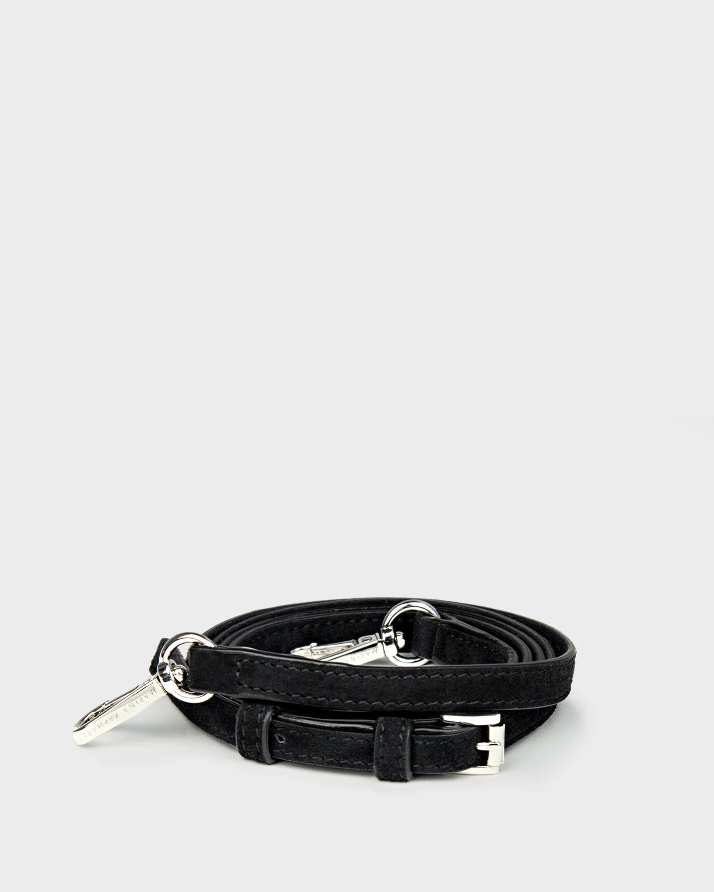 Thin, adjustable, black, suede leather strap with silver hardware