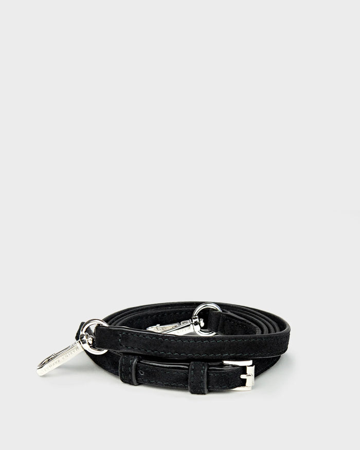 Thin, adjustable, black, suede leather strap with silver hardware