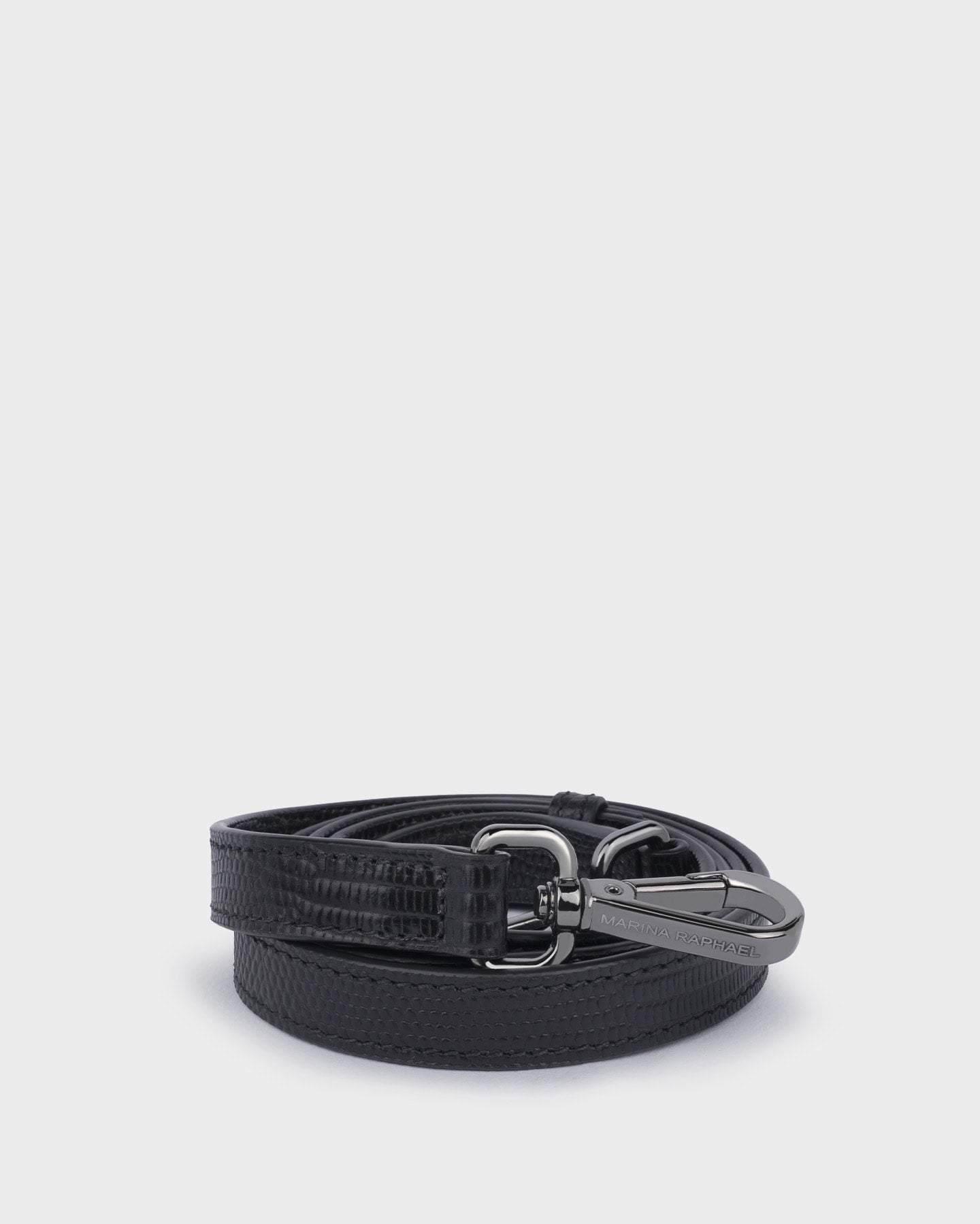 Thick, adjustable, lizard-effect strap with gunmetal hardware