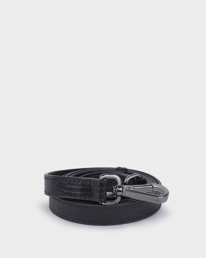Thick, adjustable, lizard-effect strap with gunmetal hardware