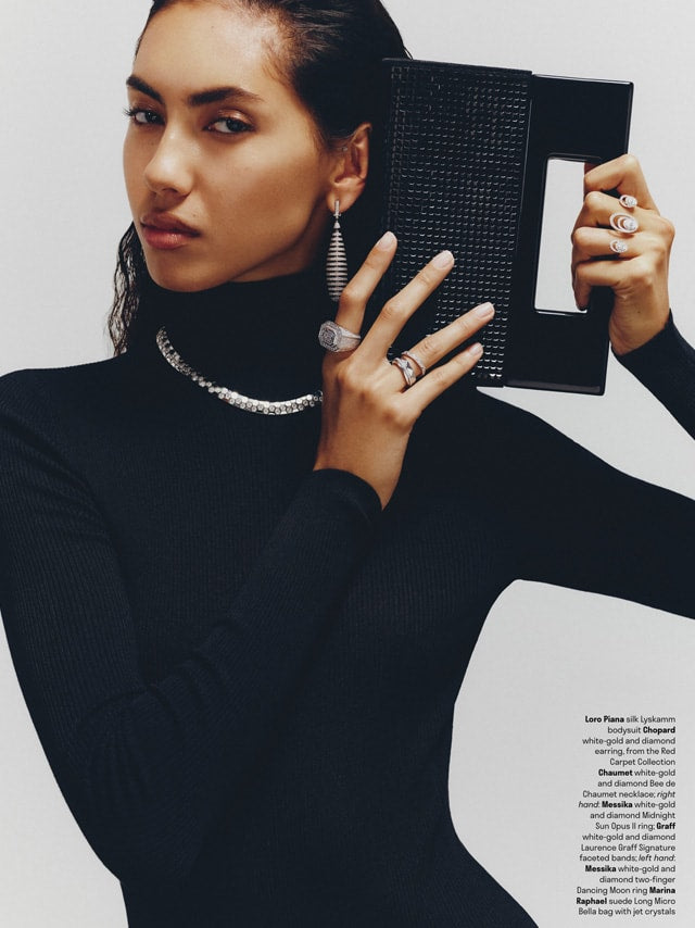 Page from the Winter 2025 issue of Departures magazine featuring: the Marina Raphael Long Micro Bella in Silver Crystal Handbag