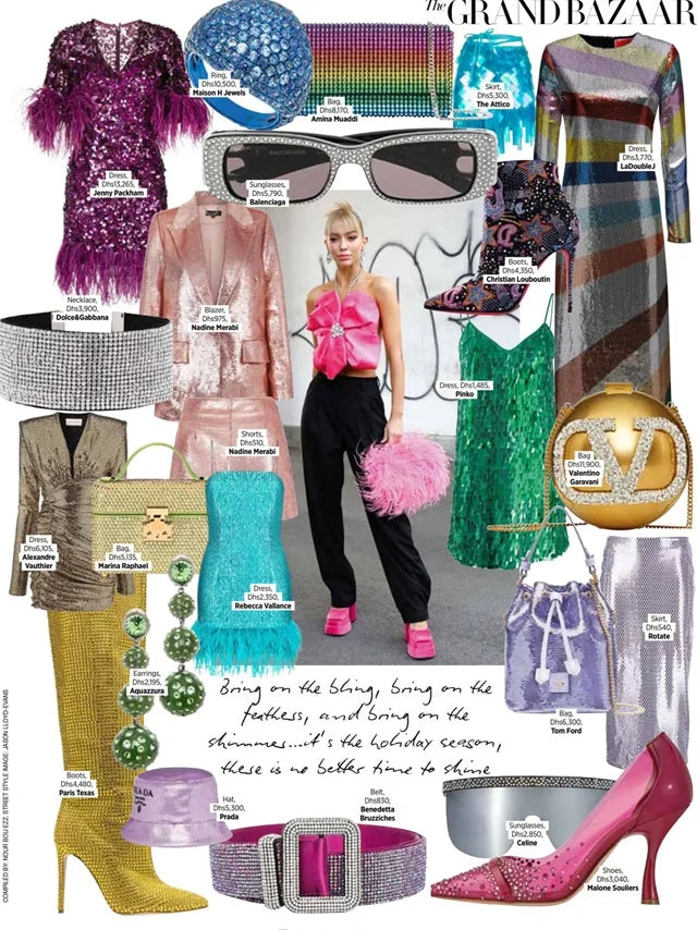 Page from the December 2022 issue of Harper's Bazaar Arabia magazine featuring: the Marina Raphael Venyx in Golden Crystal Handbag