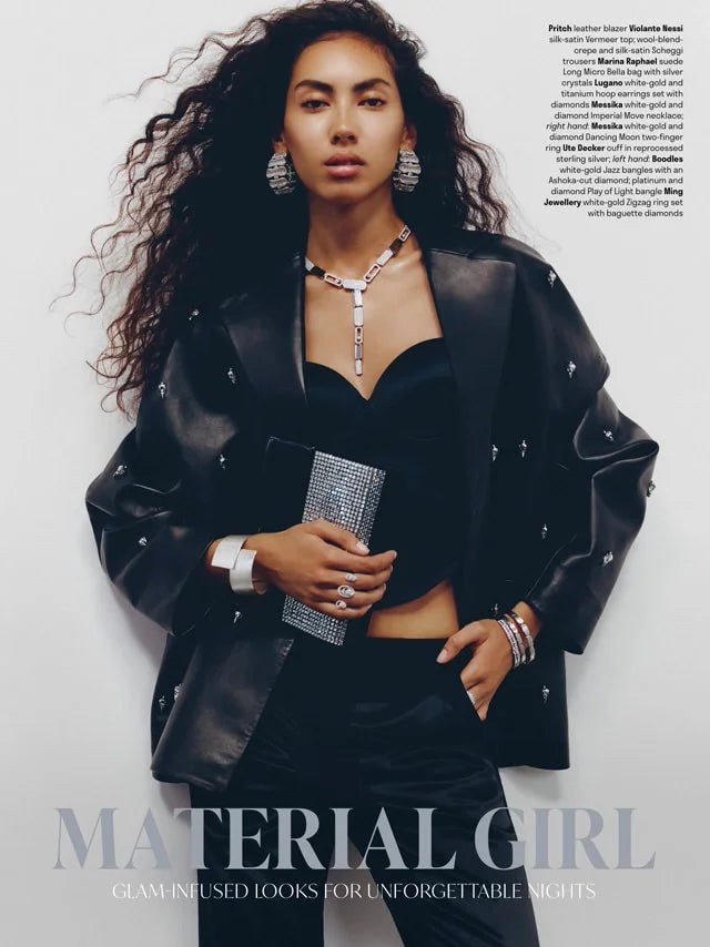 Page from the Winter 2025 issue of Departures magazine featuring: the Marina Raphael Long Micro Bella in Silver Crystal Handbag
