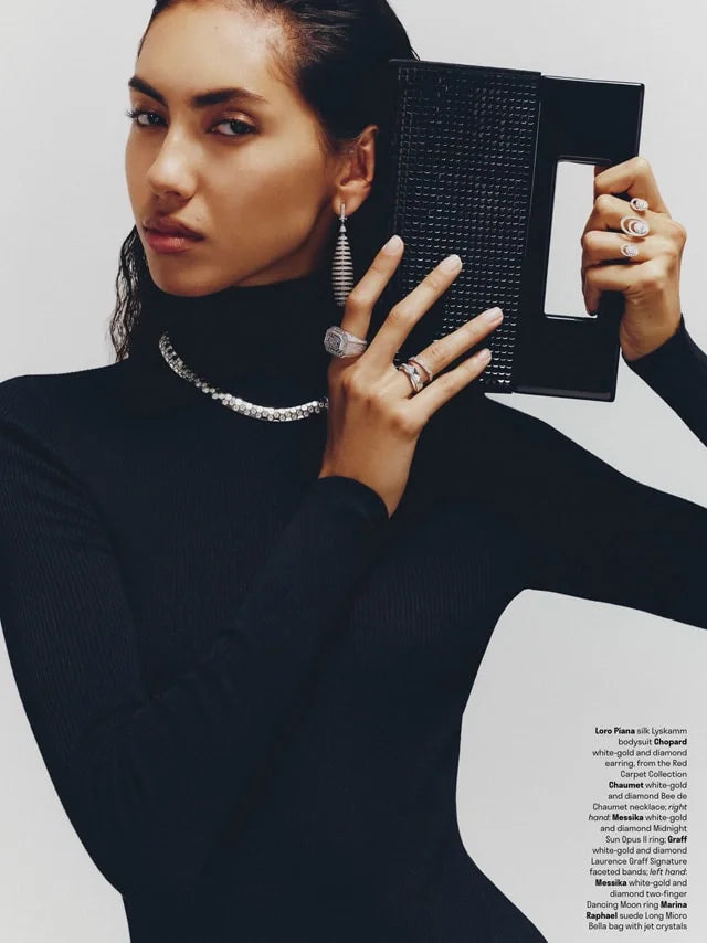 Page from the Winter 2025 issue of Departures magazine featuring: the Marina Raphael Long Micro Bella in Black Crystal Handbag