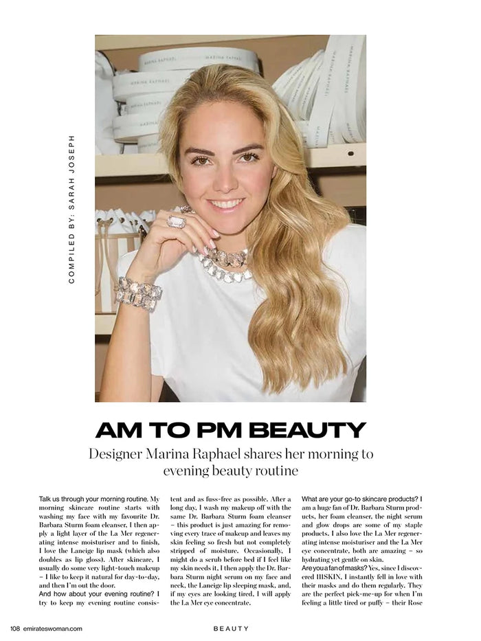 Page from the April 2024 issue of Emirates Woman magazine featuring: an interview with the designer Marina Raphael, Marina's beauty routine and abundance mindset