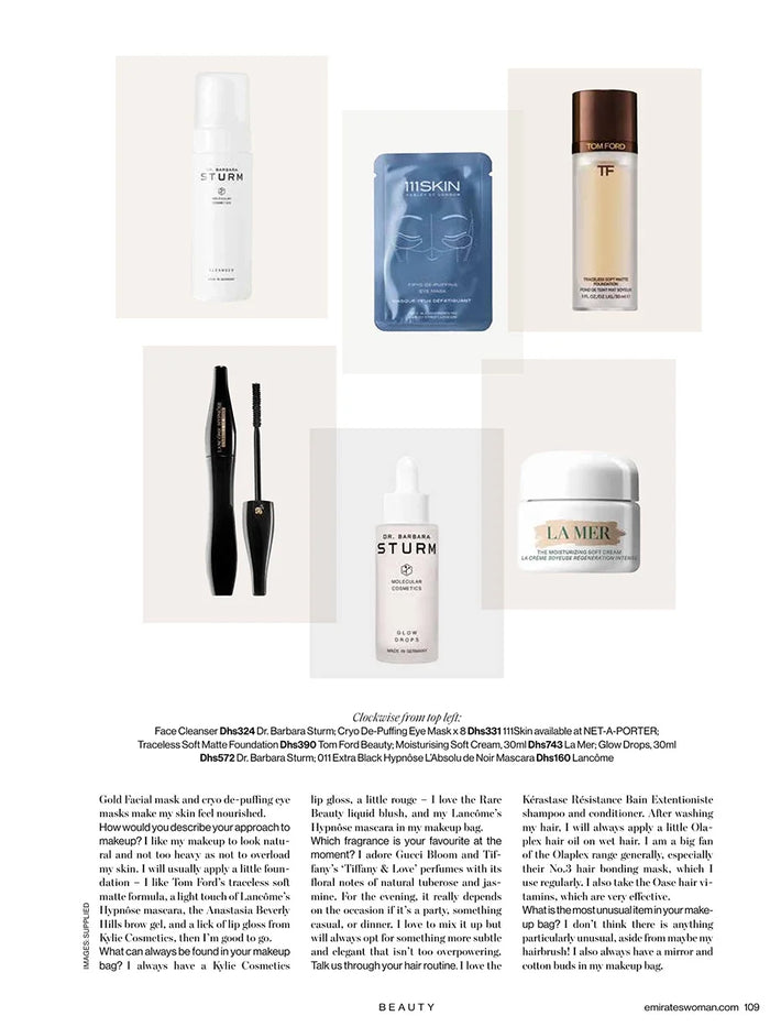 Page from the April 2024 issue of Emirates Woman magazine featuring: an interview with the designer Marina Raphael, Marina's beauty routine and abundance mindset