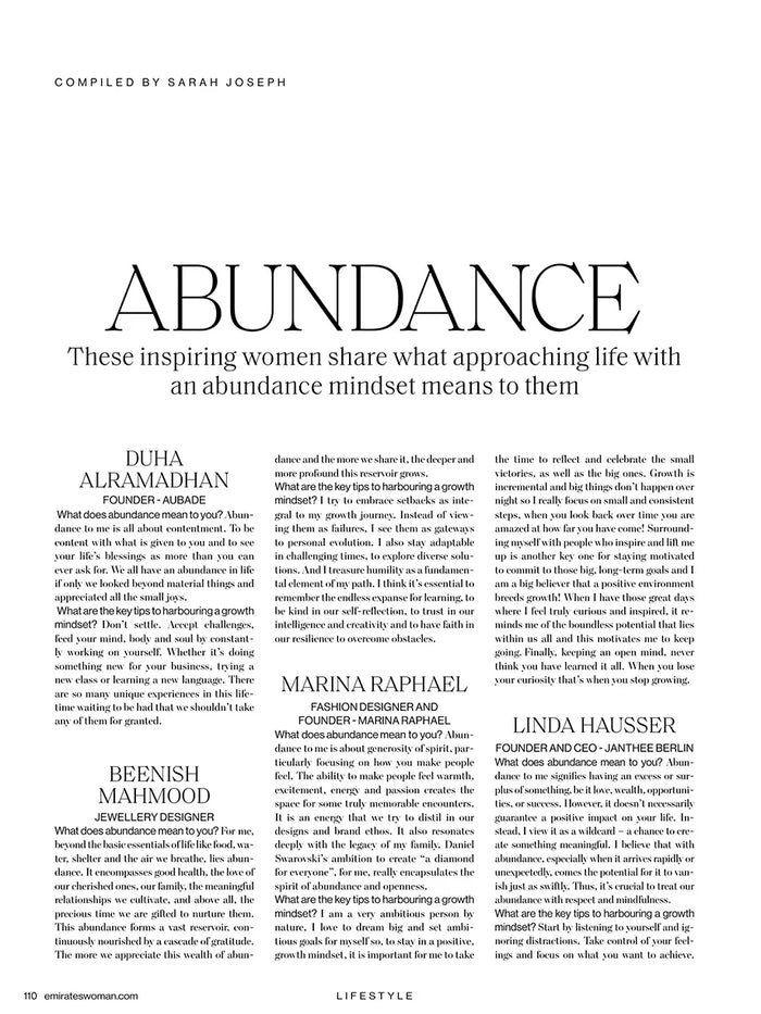 Page from the April 2024 issue of Emirates Woman magazine featuring: an interview with the designer Marina Raphael, Marina's beauty routine and abundance mindset