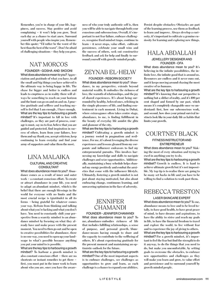 Page from the April 2024 issue of Emirates Woman magazine featuring: an interview with the designer Marina Raphael, Marina's beauty routine and abundance mindset