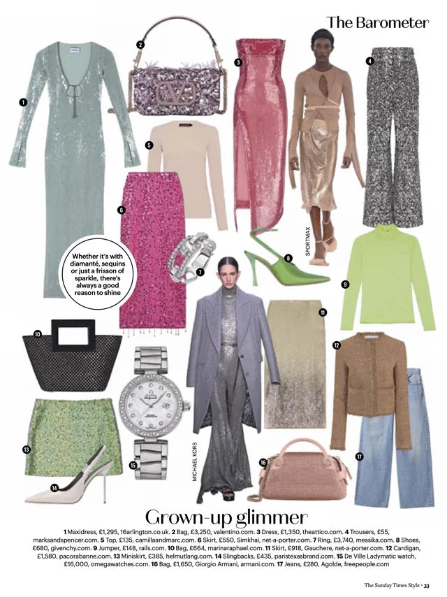 Page from the September 2023 issue of The Sunday Times Style magazine featuring: the Marina Raphael Micro Riviera in Silver Crystal Handbag