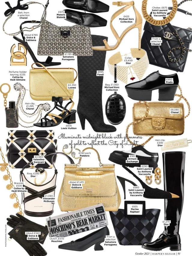 Page from the October 2021 issue of Harper's Bazaar UK magazine featuring: the Marina Raphael Mini Riviera in Black Woven Leather Handbag