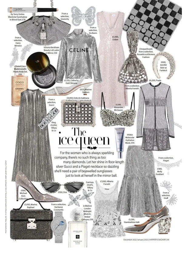 Page from the December/January 2023 issue of Harper's Bazaar UK magazine featuring: the Marina Raphael Venyx in Black Crystal Handbag