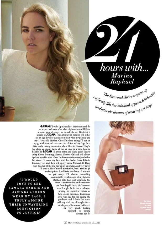 Page from the June 2021 issue of Harper's Bazaar Arabia magazine featuring: an interview with the designer Marina Raphael, 24 Hours with Marina