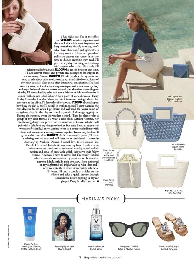 Page from the June 2021 issue of Harper's Bazaar Arabia magazine featuring: an interview with the designer Marina Raphael, 24 Hours with Marina