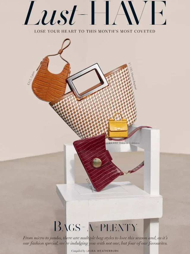 Page from the March 2020 issue of Hello! Fashion UK magazine featuring: the Marina Raphael Riviera Handbag in Terracotta Woven Leather