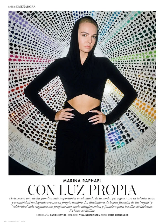 Page from the December 2023 issue of Hola! Fashion Spain magazine featuring: an interview with the designer Marina Raphael, Marina's heritage and the Swarovski Museum