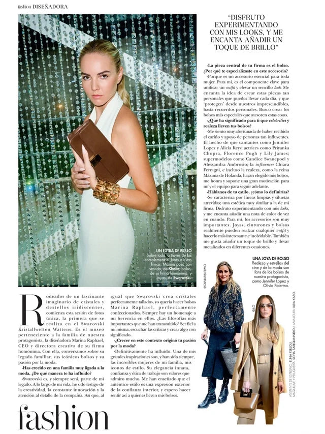 Page from the December 2023 issue of Hola! Fashion Spain magazine featuring: an interview with the designer Marina Raphael, Marina's heritage and the Swarovski Museum