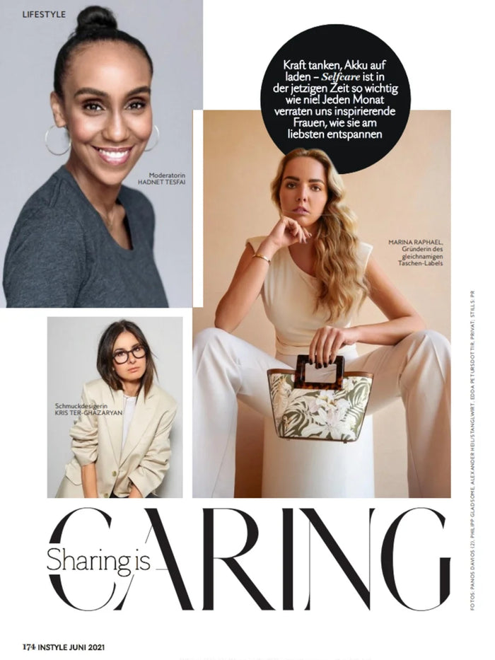 Page from the June 2021 issue of InStyle Germany magazine featuring: an interview with the designer Marina Raphael, Marina's beauty and skincare routine