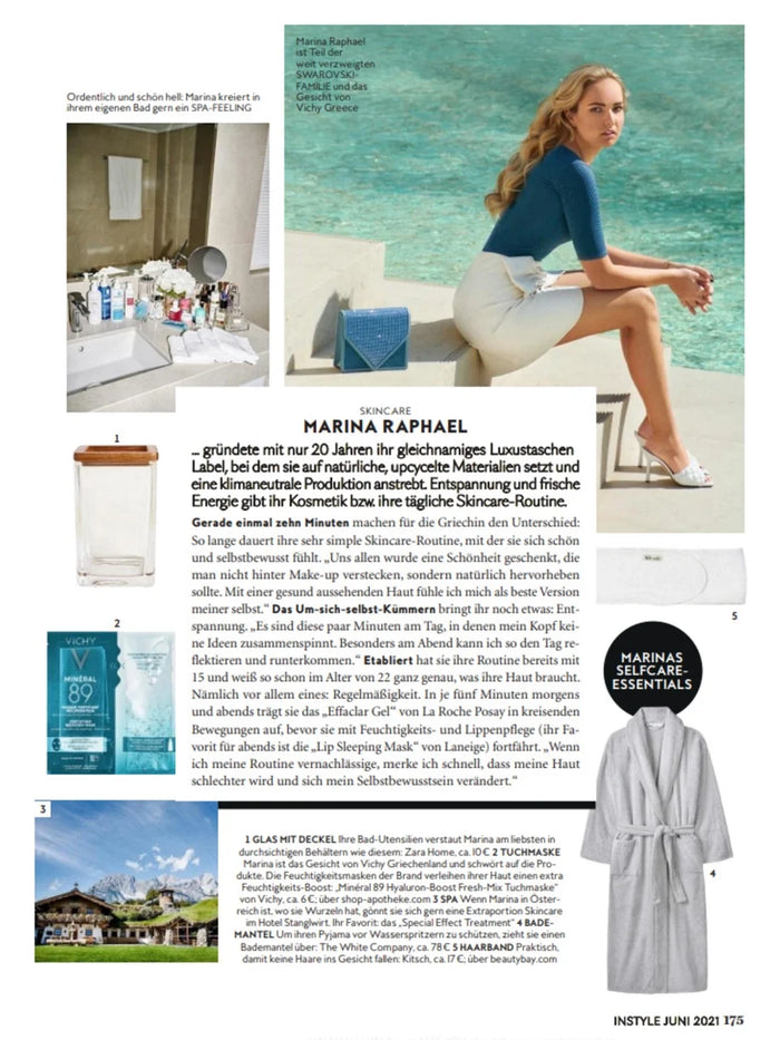 Page from the June 2021 issue of InStyle Germany magazine featuring: an interview with the designer Marina Raphael, Marina's beauty and skincare routine