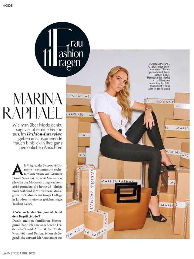Page from the April 2022 issue of InStyle Germany magazine featuring: an interview with the designer Marina Raphael, Marina's fashion journey and collaborations