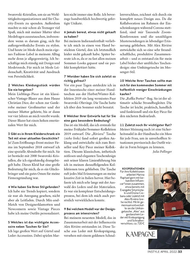 Page from the April 2022 issue of InStyle Germany magazine featuring: an interview with the designer Marina Raphael, Marina's fashion journey and collaborations