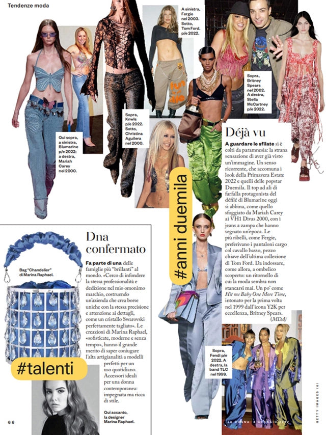 Page from the January 2022 issue of Io Donna Italy magazine featuring: the Marina Raphael Chandelier in Blue Satin Handbag