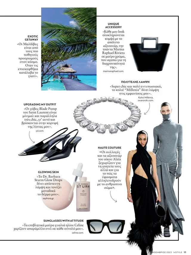 Page from the November 2023 issue of InStyle Greece magazine featuring: an interview with the designer Marina Raphael, Marina's personal style and vision