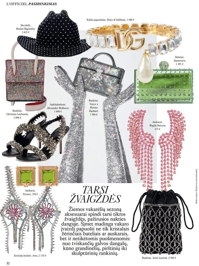Page from the December 2022 issue of L'Officiel Lithuania magazine featuring: the Marina Raphael Venyx in Black Crystal Handbag
